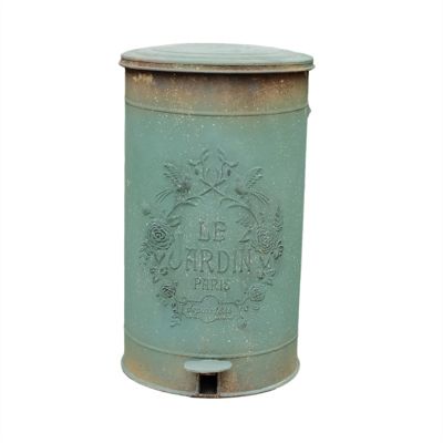 BONAD Kitchen Garbage Can Round Retro Trash Can Outdoor Garden Pedal Trash Can with Embossed Antique Trash Can, Diameter 10.6"*17.7", White/Green Wastebasket (Color : White)