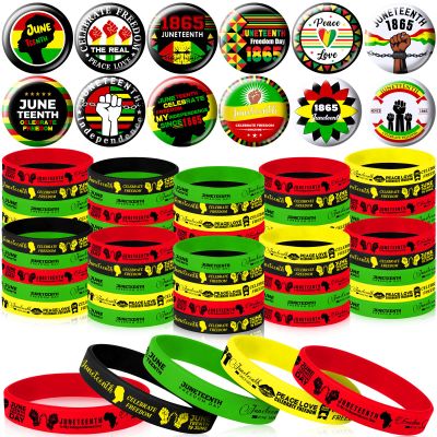 Yunlly 96 Pcs Black History Month Party Favors Set Include 48 Black Silicone Bracelets 48 Freedom Day Badges Bulk Goodie Bag Stuffers for Juneteenth Activities Patriotic Parade Party Decorations