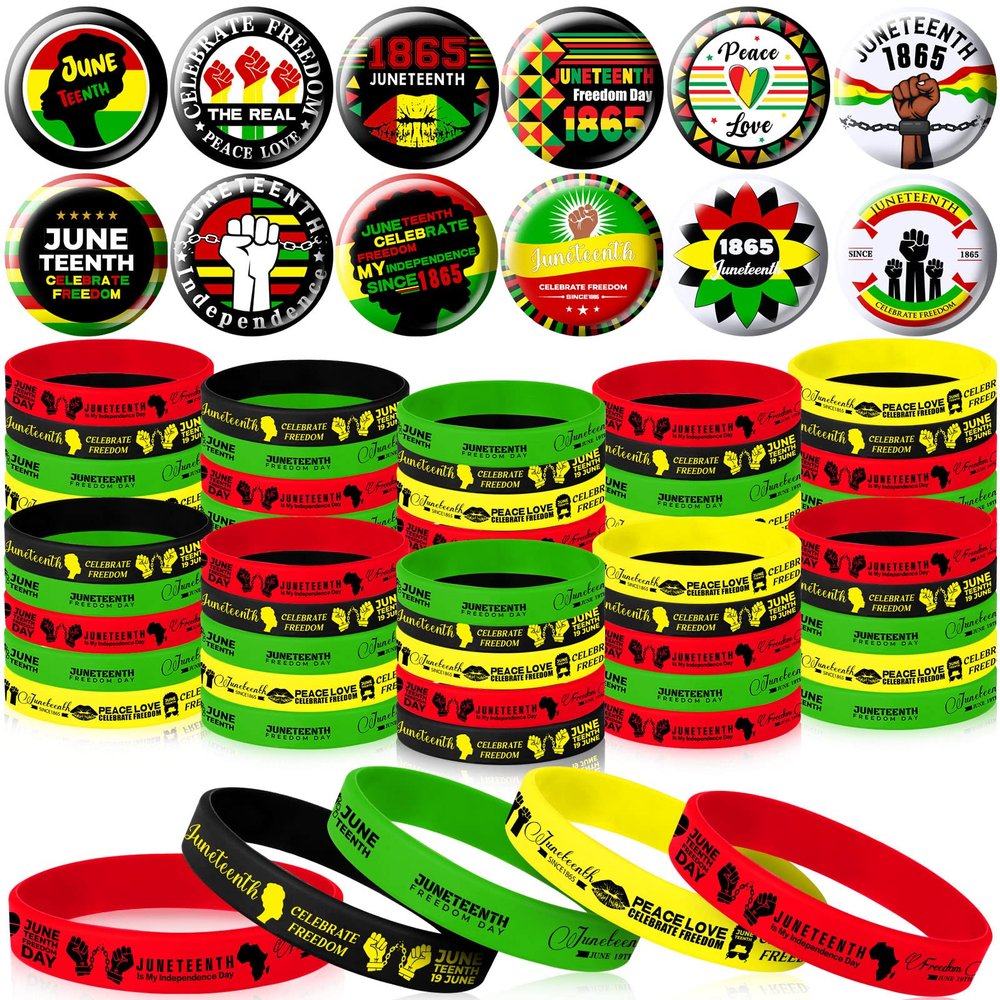 Yunlly 96 Pcs Black History Month Party Favors Set Include 48 Black Silicone Bracelets 48 Freedom Day Badges Bulk Goodie Bag Stuffers for Juneteenth Activities Patriotic Parade Party Decorations