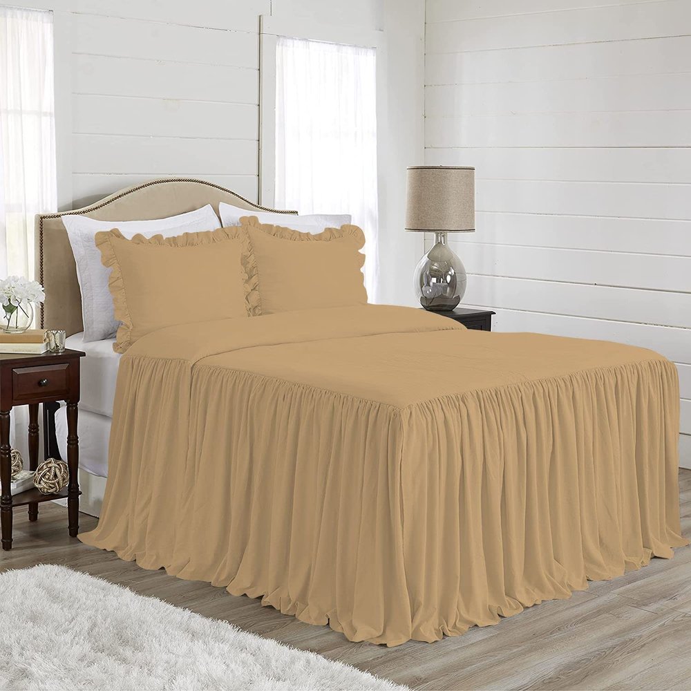 4 Piece Lightweight Super Soft Ruffle Sheet Set, 100% Egyptian Cotton 20" Inch Long Ruffle On Corner of The Flat Sheet, 21 Inch Deep Pocket - Full Size, Taupe