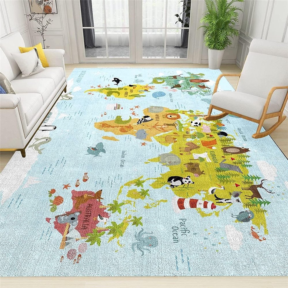 Cartoon Animal World Map Area Rug,3x5ft, 3D Animal Area Rug, Non-Slip Children's Game Carpet Carpet Comfortable and Durable Easy to Clean Suitable for Living Room Kids Bedroom Playroom Nursery