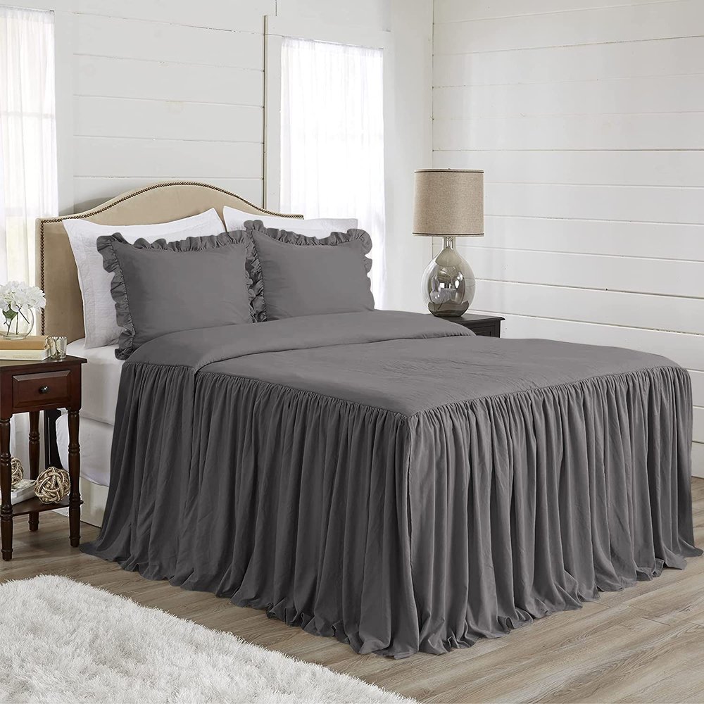 4 PC Long Ruffle Sheet Set, 100% Egyptian Cotton 20" Inch Long Ruffle On Corner of The Flat Sheet, 28 Inch Deep Pocket, King Size, Solid Dark Grey