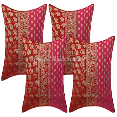 Infinite Tradition Indian Brocade Couch Throw Pillow Cover Silk 16x16 Set of 4 Red Pink Gold Jacquard Weave Home Decor Small Elephant Pattern Square Cushion Covers