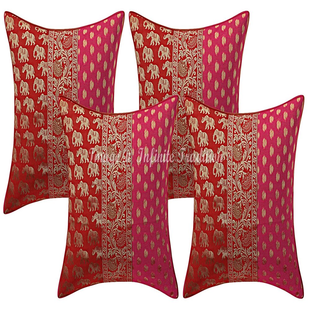 Infinite Tradition Indian Brocade Couch Throw Pillow Cover Silk 16x16 Set of 4 Red Pink Gold Jacquard Weave Home Decor Small Elephant Pattern Square Cushion Covers