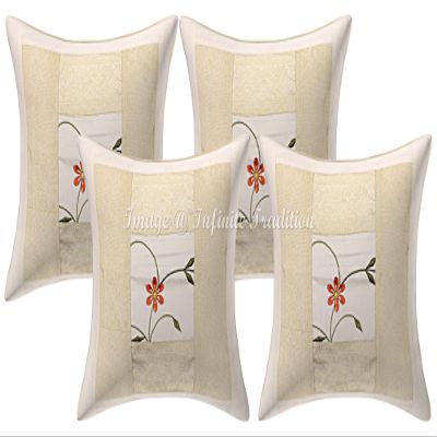 Indian Brocade Couch Throw Pillow Cover Silk 16x16 Set of 4 Pearl White Gold Jacquard Weave Home Decor Patchwork and Floral Pattern Square Cushion Covers