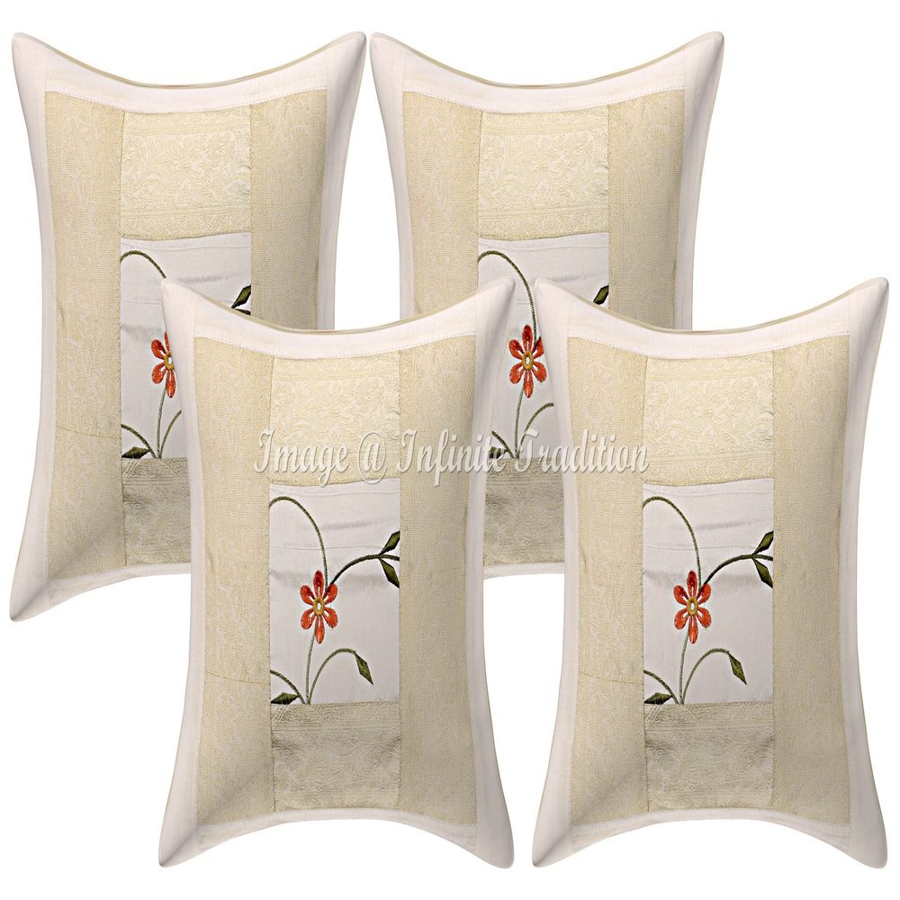 Indian Brocade Couch Throw Pillow Cover Silk 16x16 Set of 4 Pearl White Gold Jacquard Weave Home Decor Patchwork and Floral Pattern Square Cushion Covers