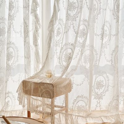 ZZC Lace Sheer Curtains with Scallop Ruffle Edge for Living Room Farmhouse 84 Inch Long Rustic Vintage Floral Embroidered Voile Panels Rod Pocket Window Treatment Set 2 Panels, White, W52 x L84 Inch