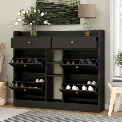 Multifunctional Shoe Cabinet with 4 Flip Drawers,Free Standing Shoe Rack with 2 Drawers and Adjustable Shelf,for Entryway Hallway Foyer Mudroom (Black@z)