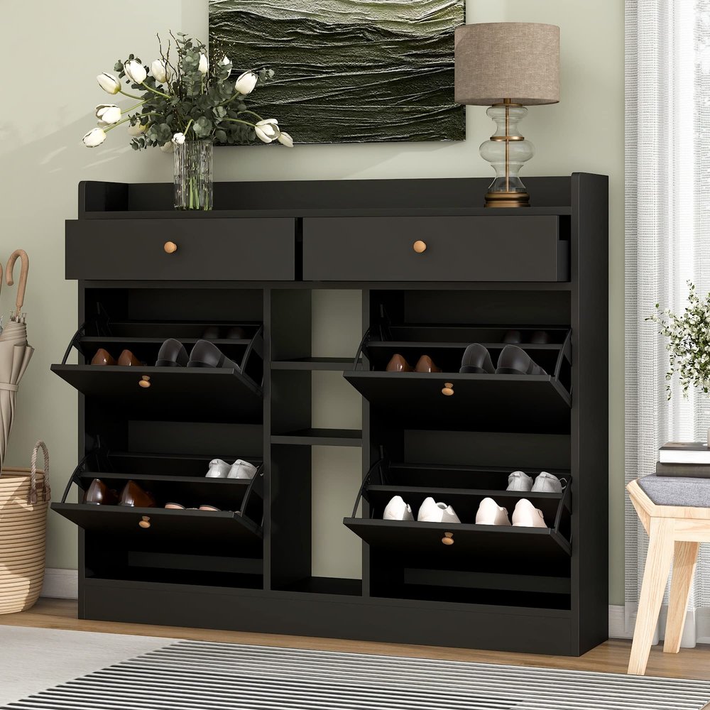 Multifunctional Shoe Cabinet with 4 Flip Drawers,Free Standing Shoe Rack with 2 Drawers and Adjustable Shelf,for Entryway Hallway Foyer Mudroom (Black@z)