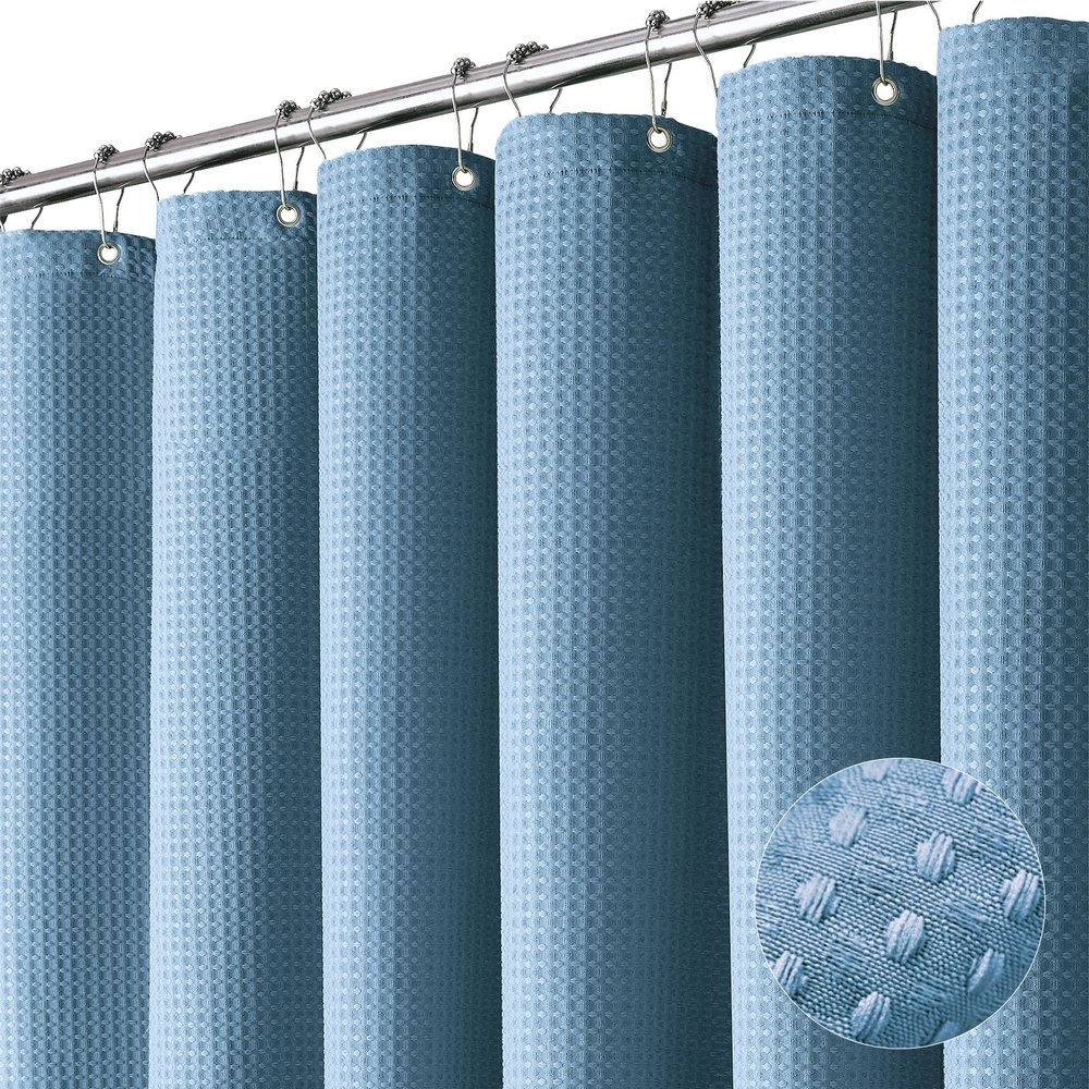Dynamene Extra Long Shower Curtain - 96 Inch Long Waffle Weave Weighted Thick Cloth Bathroom Shower Curtain, Neutral Heavy Duty Hotel Bath Curtain Set with 12 Plastic Hooks,72x96, Moonlight Blue