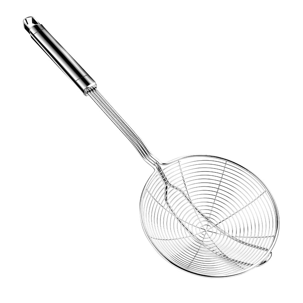 Aettechgd Steel Spider Strainer Skimmer Ladle, Strainer Spider Skimmers for Kitchen Cooking and Frying, Premium Strainer Spoon Diameter: 5.4Inch, Total Length: 15.4Inch