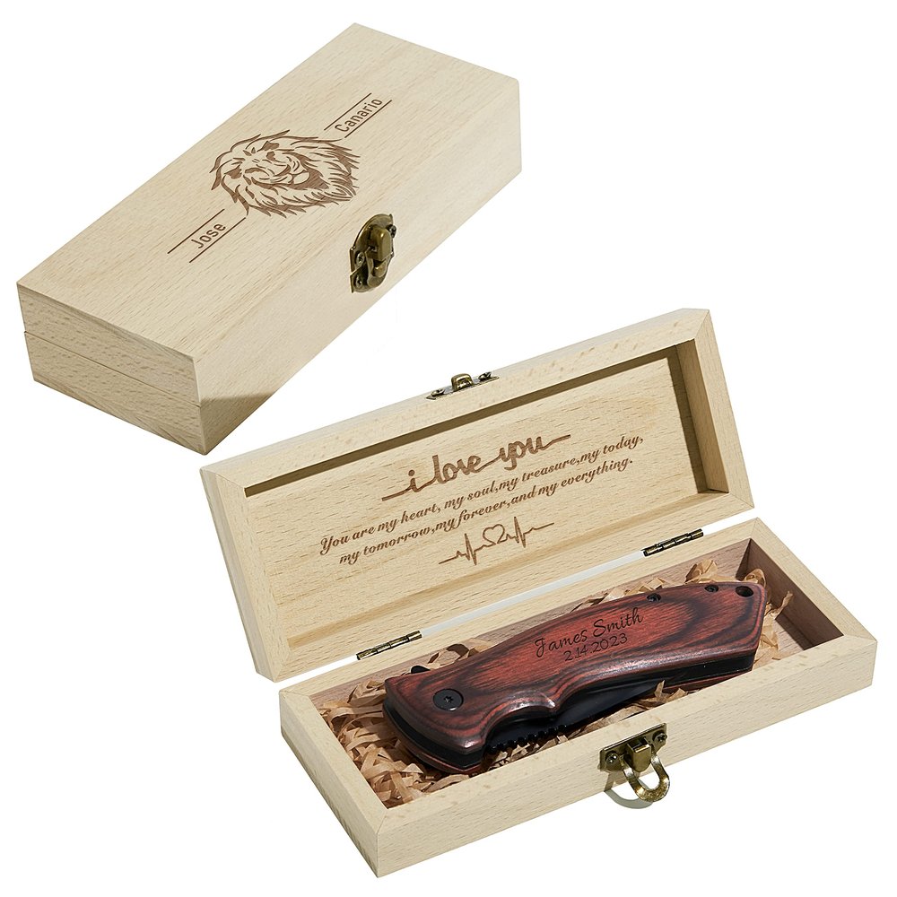 Personalized Custom Engraved Pocket Folding Knife for Boyfriend Husband Dad Son - Christmas Valentines Birthday Anniversary Fathers Day Graduation Gift - Men Unique Fishing Hunting Knife with Wood Box