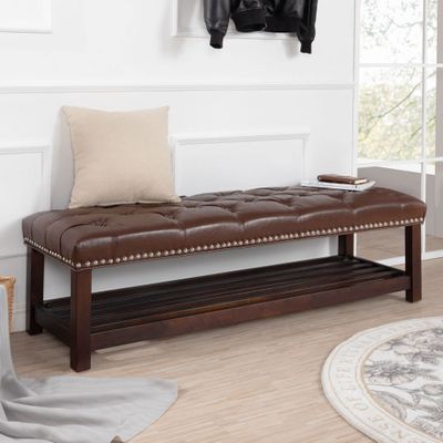 NITYASUNDARA Faux Leather Bench,Button Tufted Shoe Bench Entryway Bench Decorative Bench for Living Room Vanity Bench Dining Bench for Adult Patio,60" Storage Bench(Brown+Wooden Base)