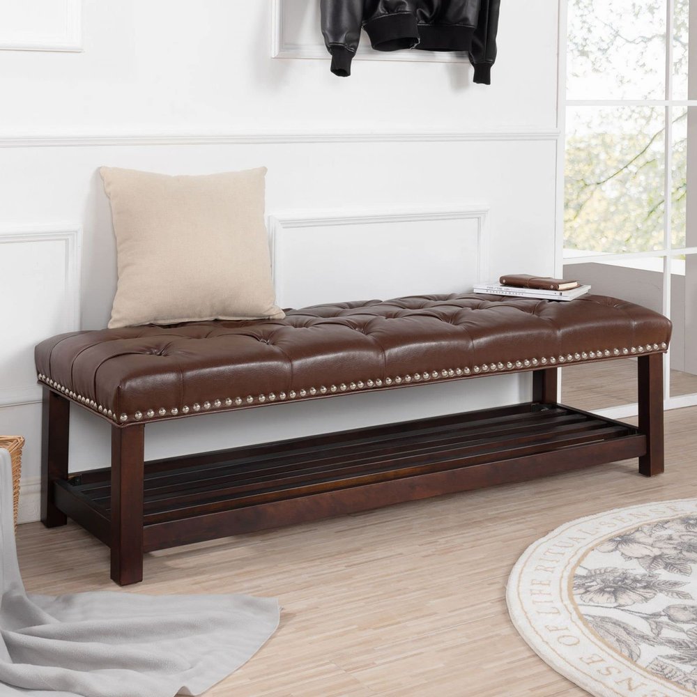 NITYASUNDARA Faux Leather Bench,Button Tufted Shoe Bench Entryway Bench Decorative Bench for Living Room Vanity Bench Dining Bench for Adult Patio,60" Storage Bench(Brown+Wooden Base)