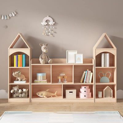 CraftThink Home Kids Storage, Kids Dollhouse Bookshelf and Toy Organizer Solid Wood Floor Standing Bookcase for Nursery Playing Room Homeschool, Natural Wood Color- 79" L x 9" W x 52" H