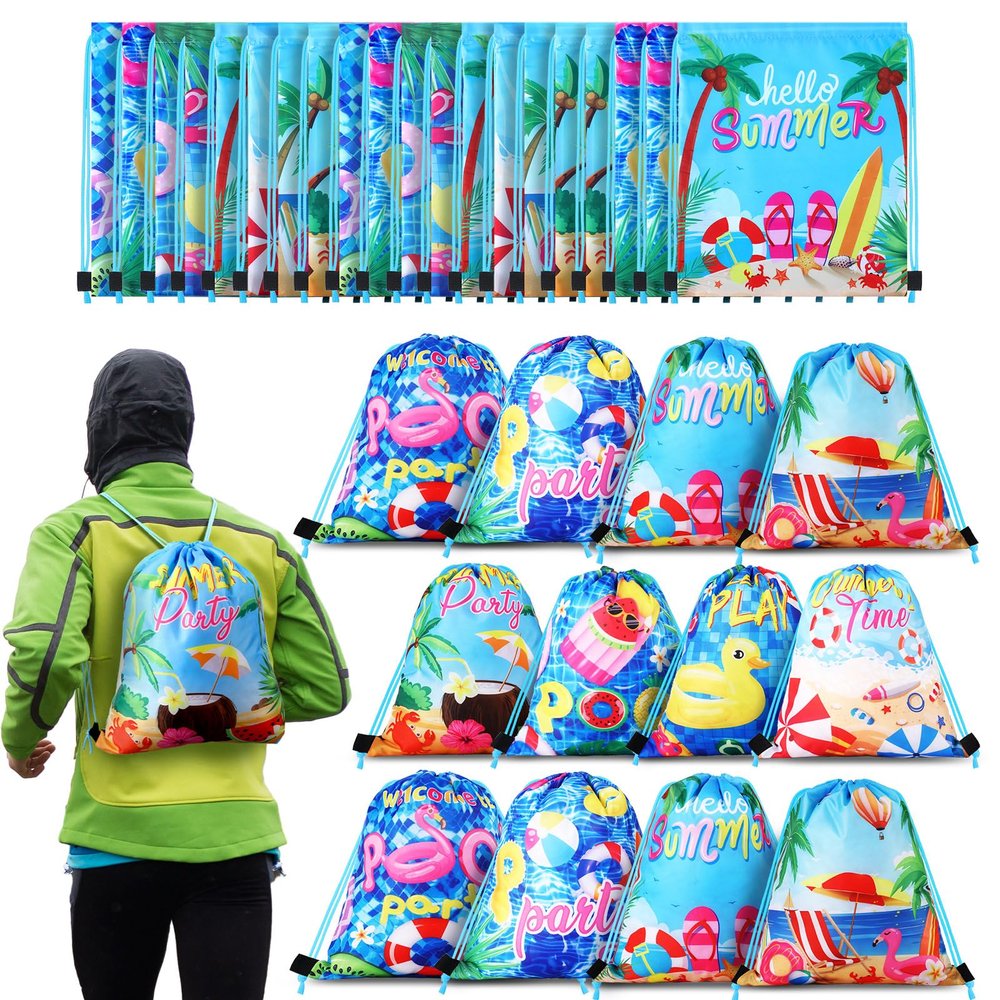 Hosuly 24 Pcs Pool Party Favor Drawstring Bags Gift Hawaiian Backpack Favors Goodie Candy Treat Bags Beach for Birthday Bridal Shower Beach Hawaiian Party Supplies