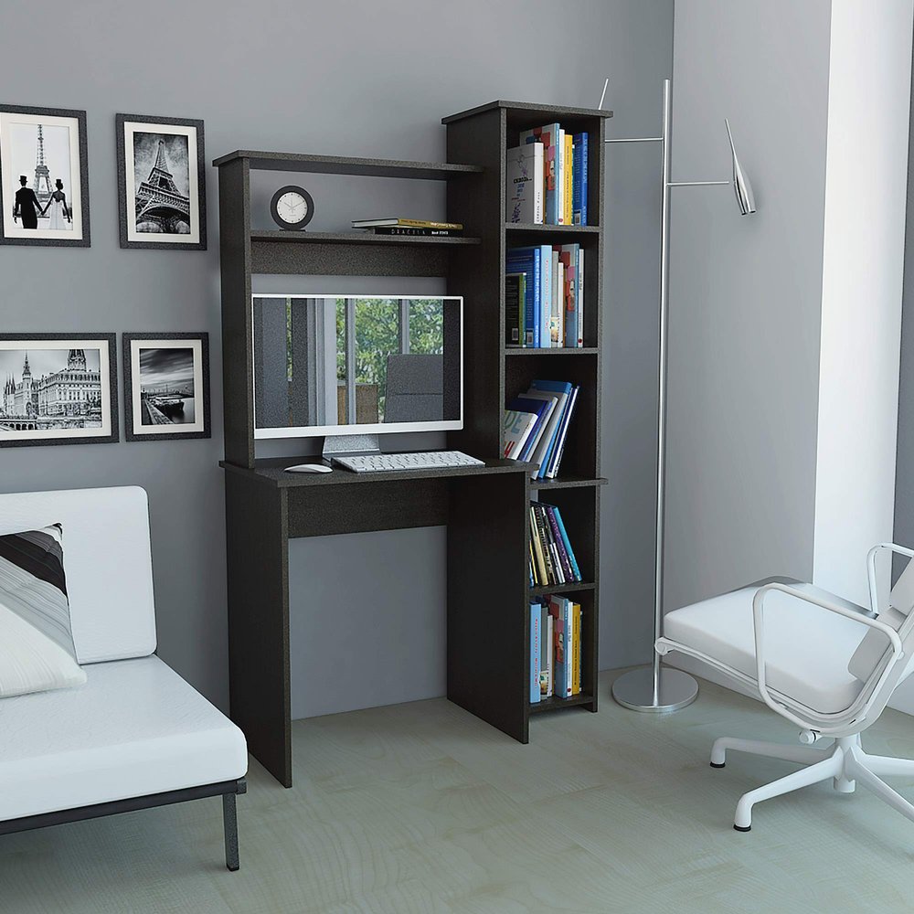 Bellemave Computer Desk with Hutch and Bookshelf, Home Office Desks with 6 Storage Shelves, Writing Study Desk Table, Modern Compact Workstation, Bookshelf Desk, Black