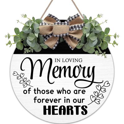 in Loving Memory Wedding Wreaths Round Wood Hanging Sign with Ribbon Bow Wall Art Decor for Home Farmhouse Bar Pub Yard Front Door Decorations Gifts 12 x 12 Inch