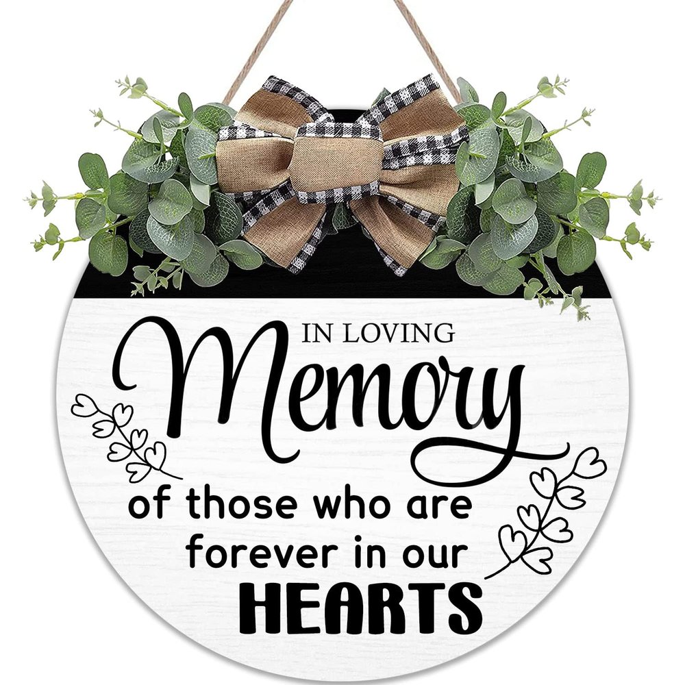 in Loving Memory Wedding Wreaths Round Wood Hanging Sign with Ribbon Bow Wall Art Decor for Home Farmhouse Bar Pub Yard Front Door Decorations Gifts 12 x 12 Inch
