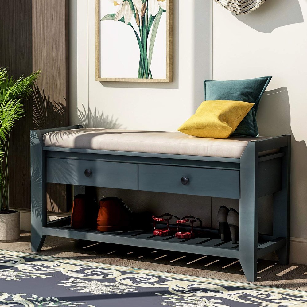 Anwick Shoe Storage Bench Shoe Rack with Cushioned Seat and 2 Drawers, Entryway Bench Storage Box, Board Bench for Entryway, Shoe Rack Organizer for Entryway, Bedroom, Hallway (Navy)