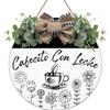 Cafecito Con Leche Wreaths Round Wood Hanging Sign with Ribbon Bow Wall Art Decor for Home Farmhouse Bar Cafe Pub Yard Front Door Decorations Gifts 12 x 12 Inch view 1