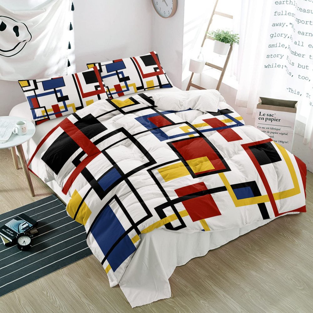 3 Piece Bedding Set,Red Black Yellow Frame White Breathable Duvet Cover Super Soft Pillow Shams,Middle Ages Nordic Style Washable Bed Sets All Seasons for Bedroom Dorm Hotel RV Full