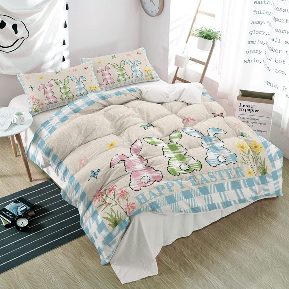 Alandar Home Duvet Cover Sets Pink Green Blue Plaid Easter Bunny,3 Piece Bed Set Ultra Soft Quilt Covers and Pillowcases,Spring Floral Linen Microfiber Bedding Set for Bedroom Guest Room Dorm Queen