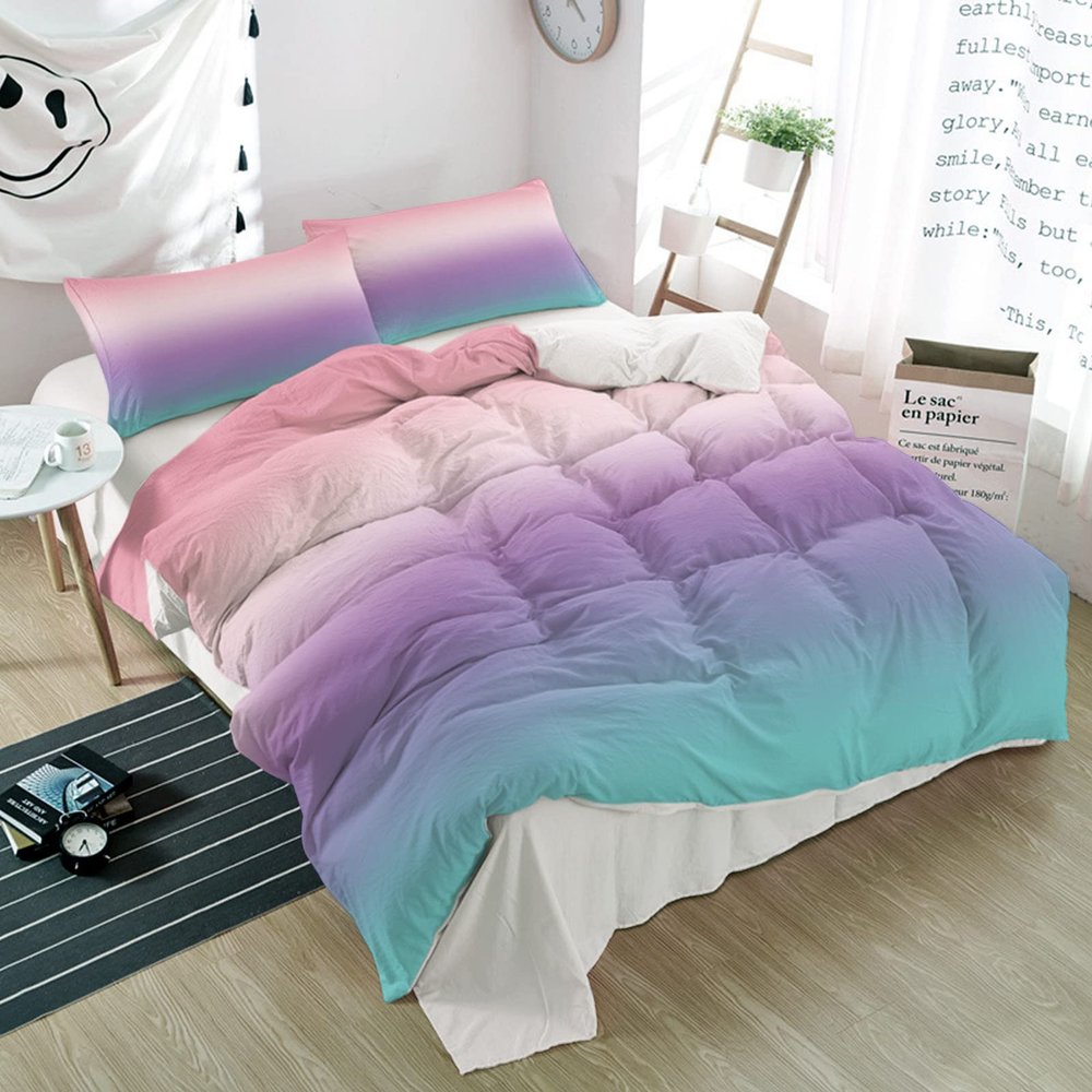3 Piece Bedding Set,Pink Purple Teal Gradient Breathable Duvet Cover Super Soft Pillow Shams,Modern Abstract Art Washable Bed Sets All Seasons for Bedroom Dorm Hotel RV King