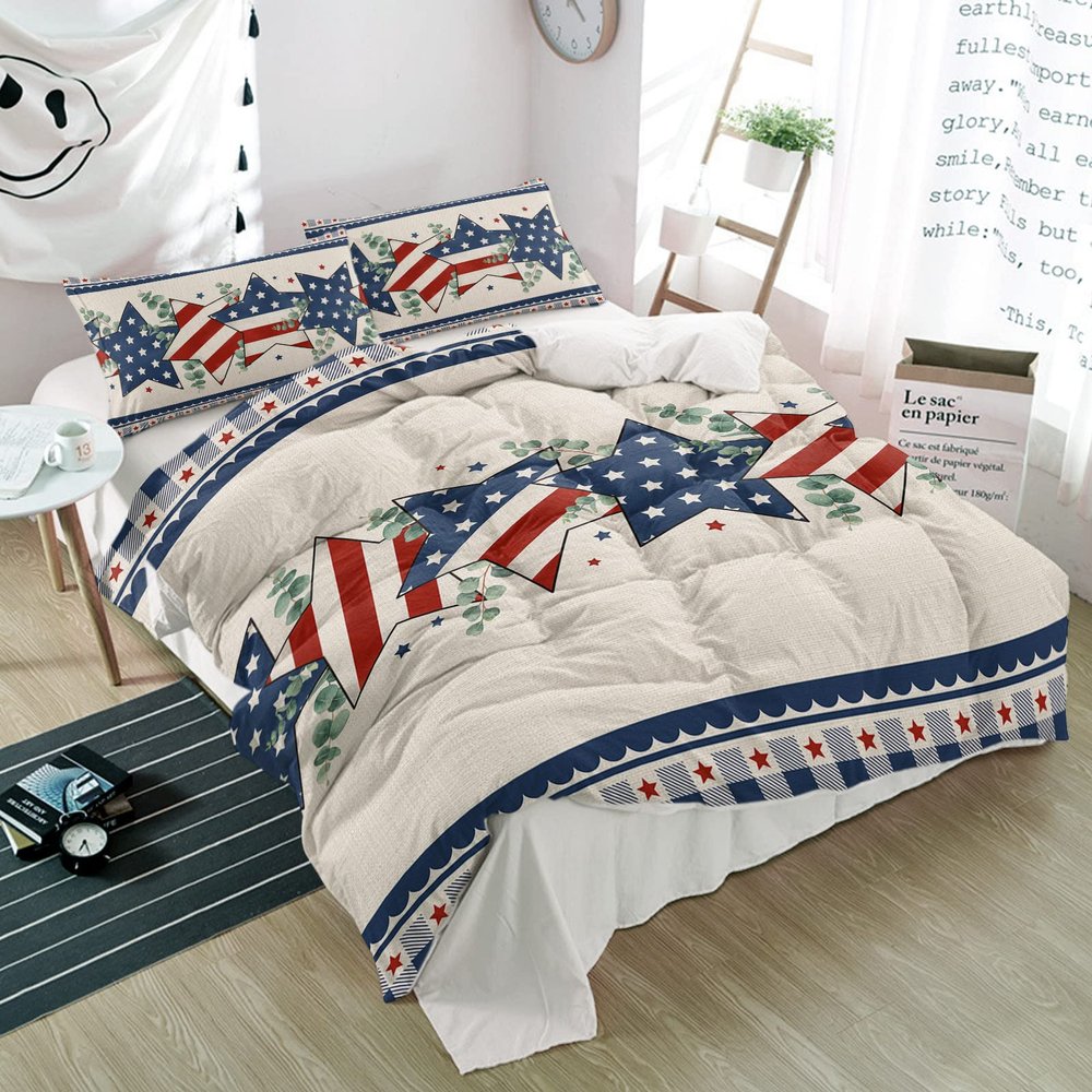 3 Piece Bedding Set,Star and Stripe Eucalyptus Leaves Breathable Duvet Cover Super Soft Pillow Shams,Independence Day Pentagram Washable Bed Sets All Seasons for Bedroom Dorm Hotel RV King