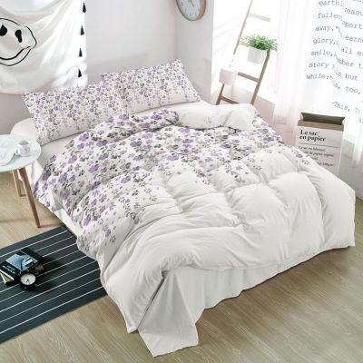 3 Piece Bedding Set,Purple Grey Floral Vines White Breathable Duvet Cover Super Soft Pillow Shams,Spring Flowers Plants Washable Bed Sets All Seasons for Bedroom Dorm Hotel RV Full