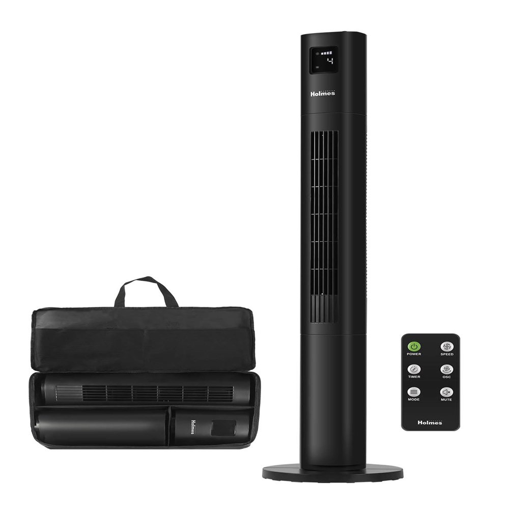 HOLMES STACK-N-CONNECT 45" Digital Tower Fan, ClearRead Display, Bonus Storage Bag, 90 Oscillation, 4 Speeds, 4 Modes, 8-Hour Timer, Home, Ideal for Bedroom or Office, Remote Control, Matte Black