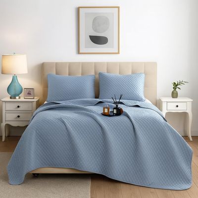DBOZE Reversible Cotton Blend 3-Piece Embroidery Solid Elegant Bedding Quilt Set with Embroidered Decorative Shams Soft Bedspread & Coverlet Set (Gray, Queen)