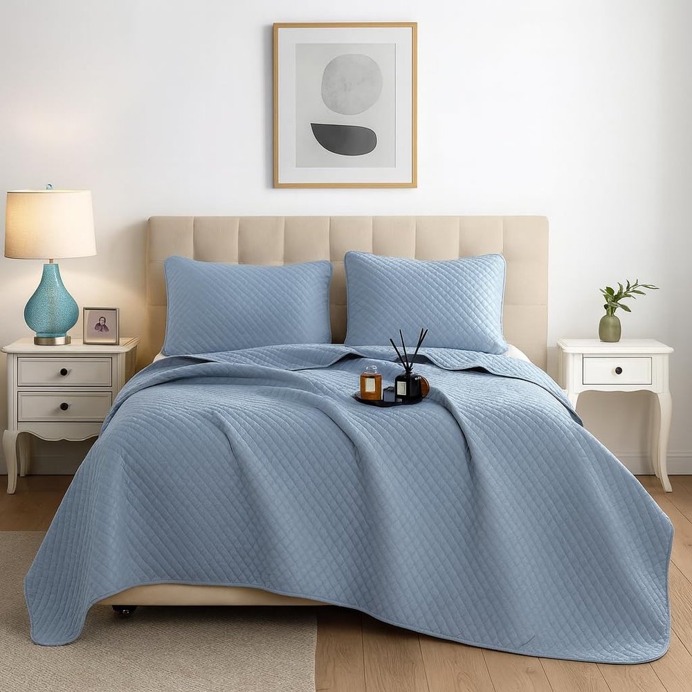 DBOZE Reversible Cotton Blend 3-Piece Embroidery Solid Elegant Bedding Quilt Set with Embroidered Decorative Shams Soft Bedspread & Coverlet Set (Gray, Queen)