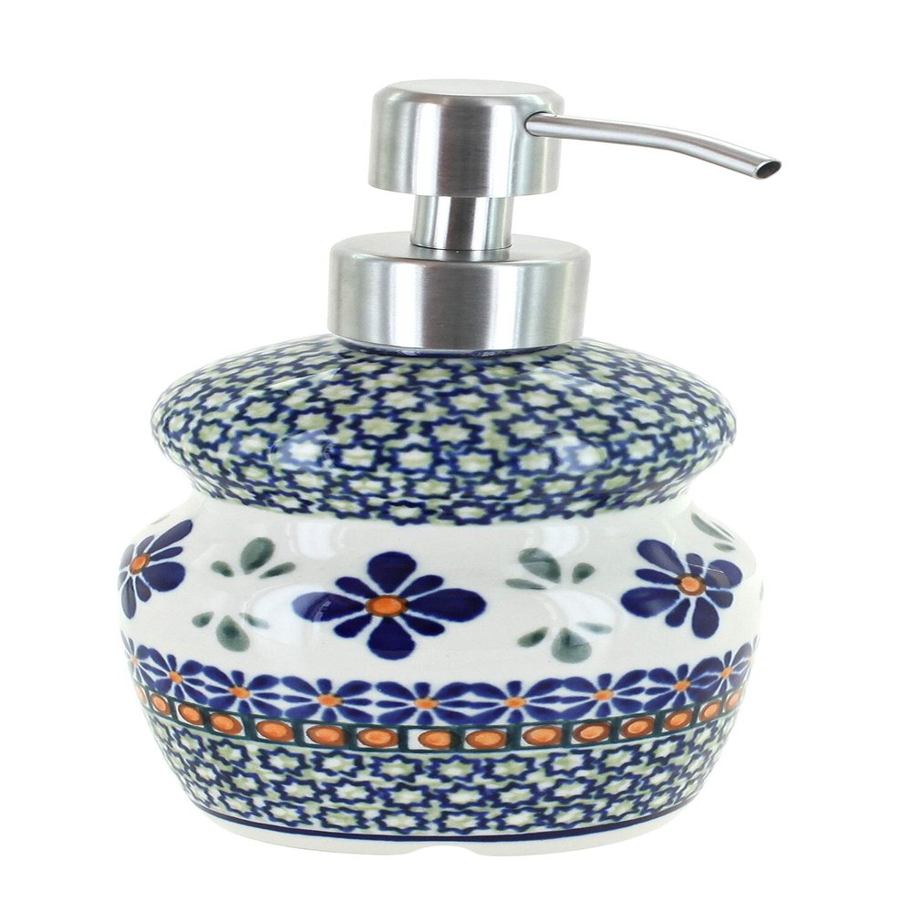 Blue Rose Polish Pottery - Green Mosaic Flower Soap Dispenser - 6.75" Tall - Perfect for Vanity, Sink or Bathroom Dcor