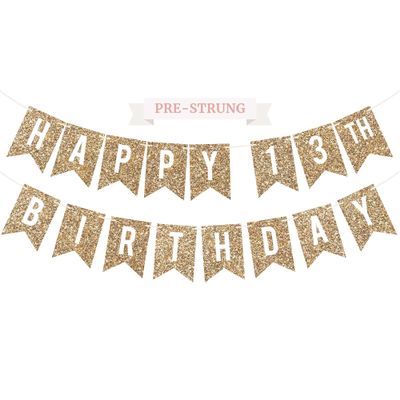 Pre-strung Happy 13th Birthday Banner - No DIY - Gold Glitter 13th Birthday Party Banner for Boys Girls - Pre-strung Garland on 6 ft Strands - Gold Bday Party Decorations & Decor - No DIY