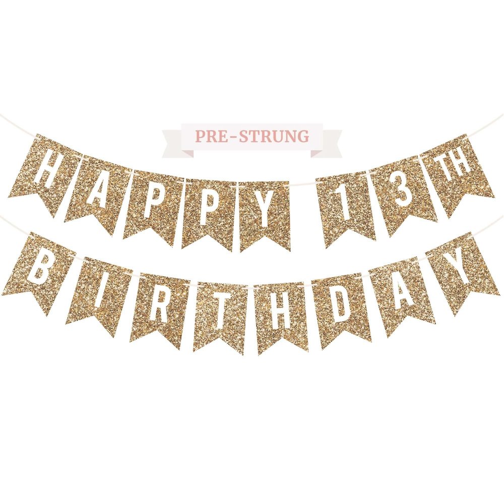 Pre-strung Happy 13th Birthday Banner - No DIY - Gold Glitter 13th Birthday Party Banner for Boys Girls - Pre-strung Garland on 6 ft Strands - Gold Bday Party Decorations & Decor - No DIY