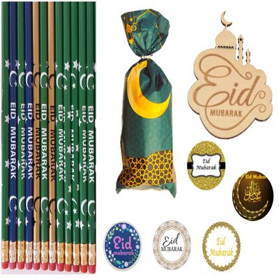 Eid Stickers (200) + 98 Pcs Favors Eid Pencils Wooden DIY Cutout Eid Goody Bags Ramadan Bags Eid Gifts for Kids Arabic Novelty Moroccan Egyptian Lantern Stickers