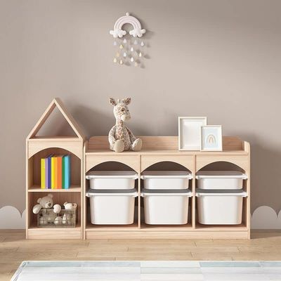 CraftThink Home Kids Storage, Kids Dollhouse Bookshelf and Toy Organizer Solid Wood Floor Standing Bookcase for Nursery Playing Room, Natural Wood Color (6 Bins Included)- 64" L x 12" W x 39" H