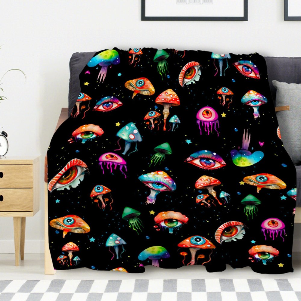 Avalokitesvara Mushroom Eye Watercolor Flannel Blanket Super Soft and Warm for Bed Couch Sofa 120x90 Inch King Blanket for Family
