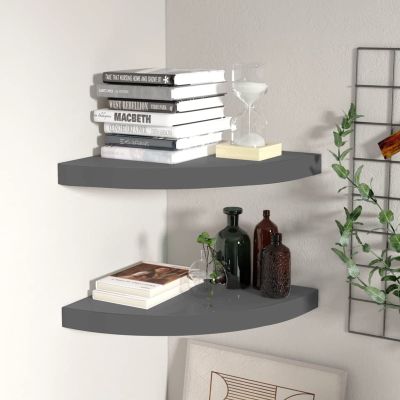 Bopdu Floating Corner Storage Cabinet Shelf, Bookshelf Storage Cabinet Office Living Room Storage Organizer 2 pcs High Gloss Gray 13.8"x13.8"x1.5" MDF