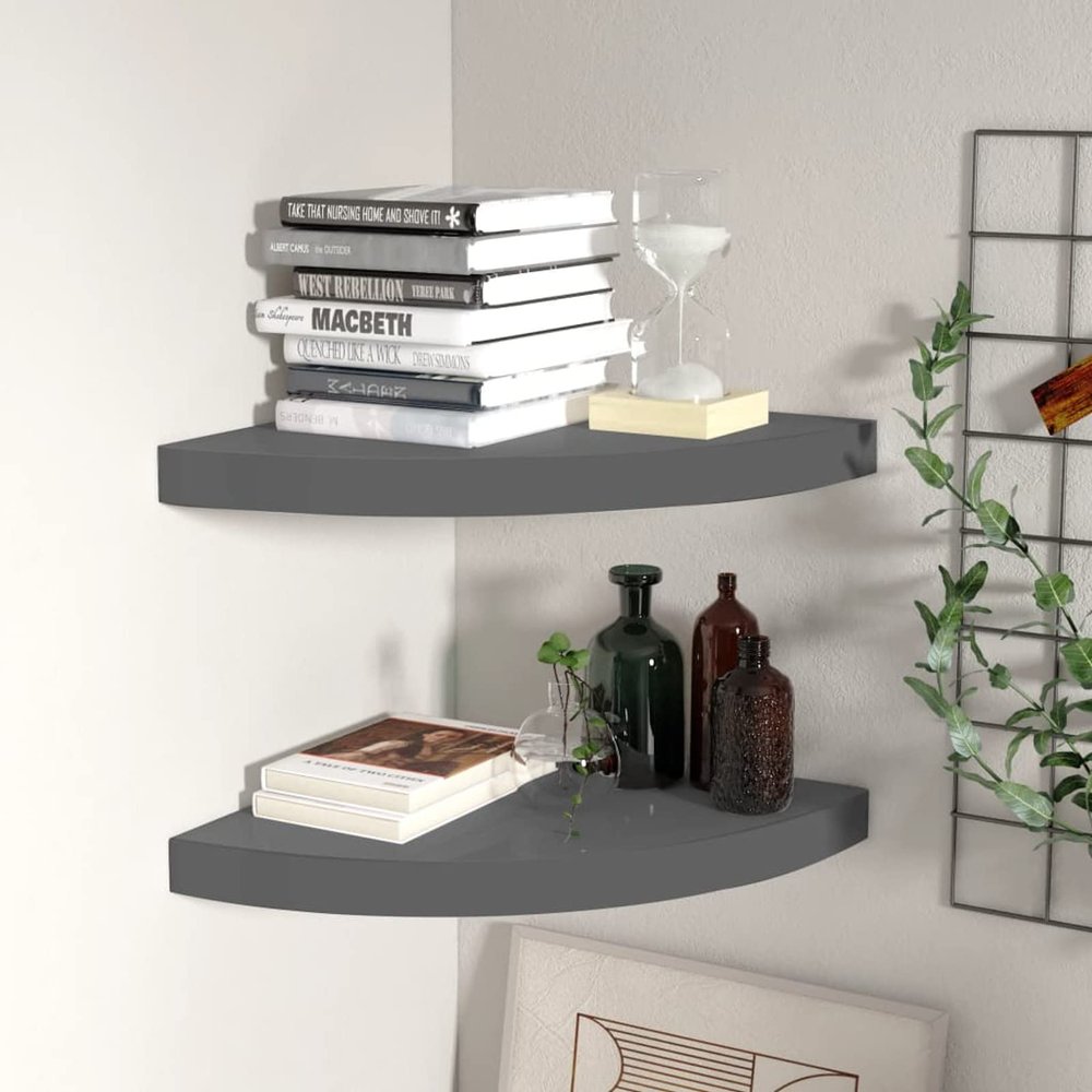 Bopdu Floating Corner Storage Cabinet Shelf, Bookshelf Storage Cabinet Office Living Room Storage Organizer 2 pcs High Gloss Gray 13.8"x13.8"x1.5" MDF