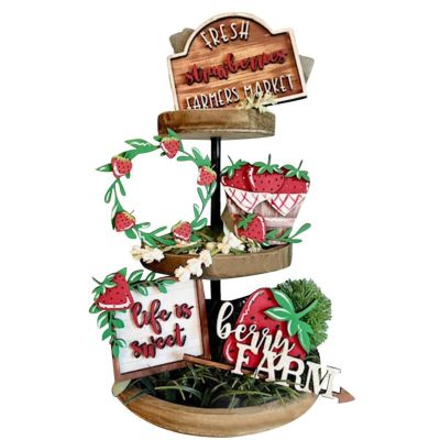 Spring Summer Tray Decorations Tiered Tray Decor Hello Summer Hierarchical Tray Decorative Set Farmhouse Wood Decor Decorative Tray Rustic Farmhouse Tiered Tray Decor for Home Table (Without Tray)