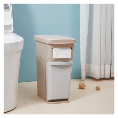 Kitchen Garbage Can 2 Layer Home Storage Bucket Bathroom Waste Bin with Toilet Brush Tissue Paper Dispenser Dustbin Narrow Space Gap Organizer, 3 Colors Wastebasket (Color : Beige)