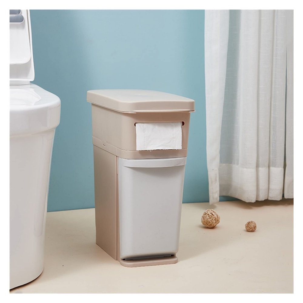Kitchen Garbage Can 2 Layer Home Storage Bucket Bathroom Waste Bin with Toilet Brush Tissue Paper Dispenser Dustbin Narrow Space Gap Organizer, 3 Colors Wastebasket (Color : Beige)
