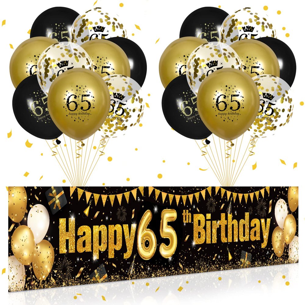 65th Birthday Decorations for Men Women - Black and Gold Yard Banner Sign and 18 PCS Happy Birthday Balloons for Anniversary Party Supplies Outdoor Decor