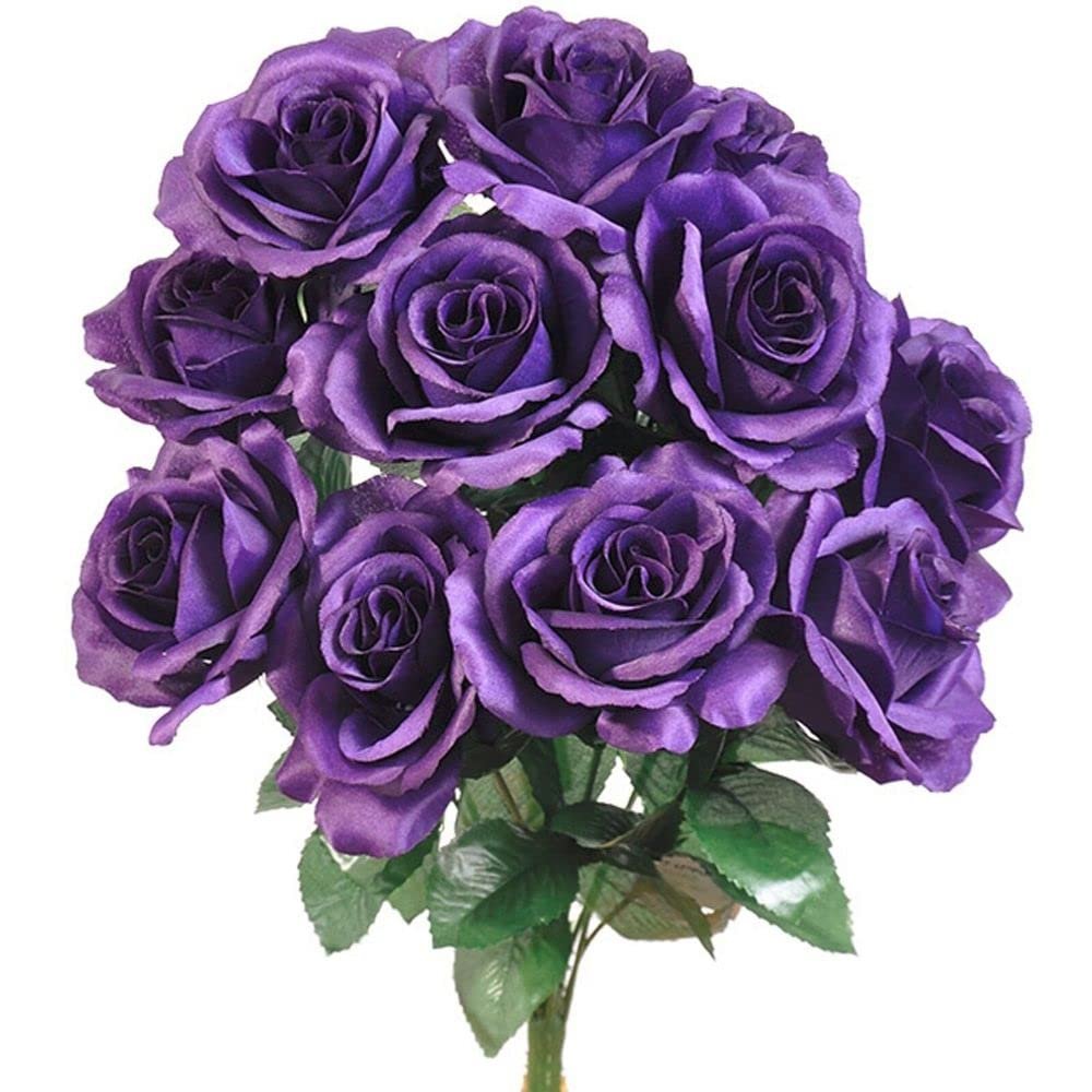 12 Faux Open Roses Bouquet Silk Flowers 4" Wedding Centerpiece Decor Artificial (Purple)