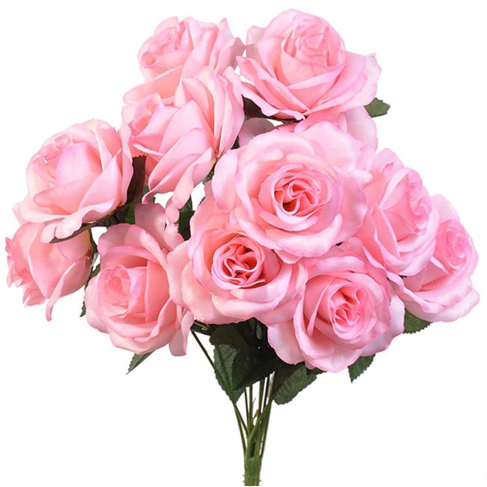 12 Faux Open Roses Bouquet Silk Flowers 4" Wedding Centerpiece Decor Artificial (Baby Pink)