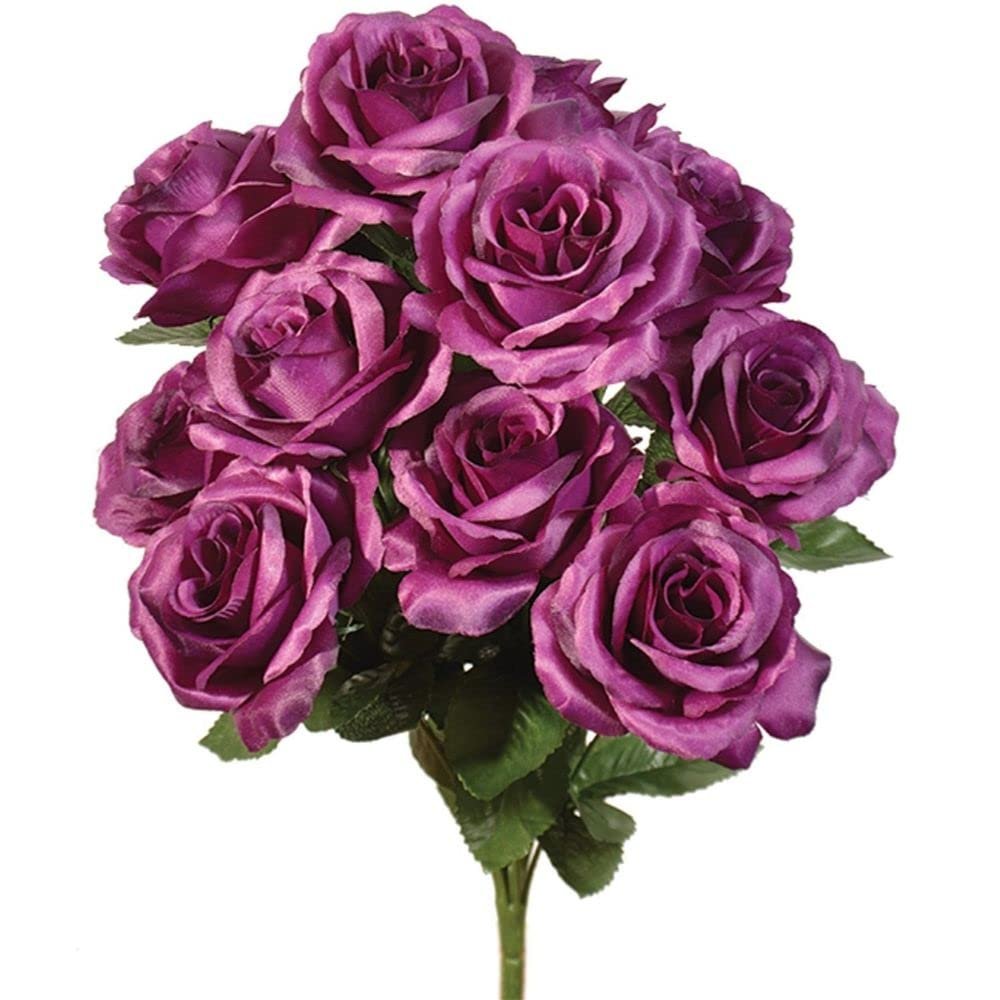12 Faux Open Roses Bouquet Silk Flowers 4" Wedding Centerpiece Decor Artificial (Grape, Plum Purple)