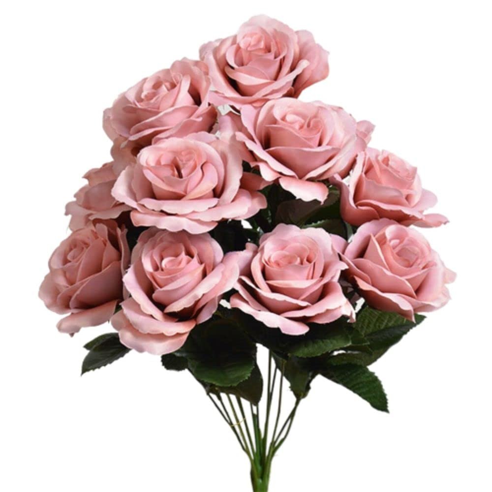 12 Faux Open Roses Bouquet Silk Flowers 4" Wedding Centerpiece Decor Artificial (Mauve)