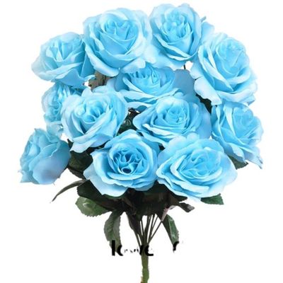 12 Faux Open Roses Bouquet Silk Flowers 4" Wedding Centerpiece Decor Artificial (Light Turquoise)